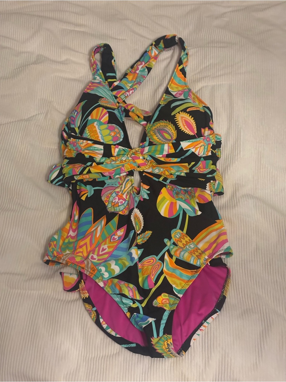 Girls Black Floral One-Piece Swimsuit with Multicolor Print